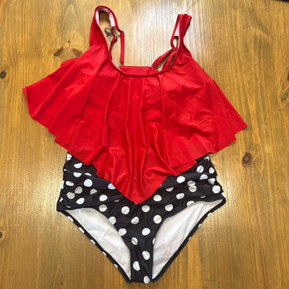 Solid Red adjustable top Polka Dot high waist ruched swim bottoms NWOT XXXL